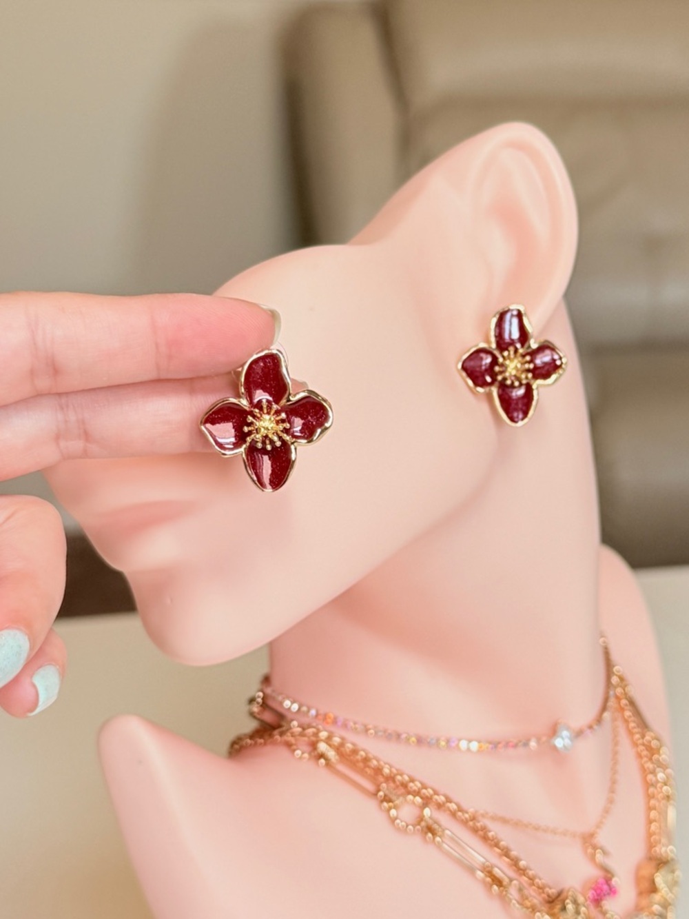 Gold and Burgundy Flower Stud Earrings - Picture 9 of 13